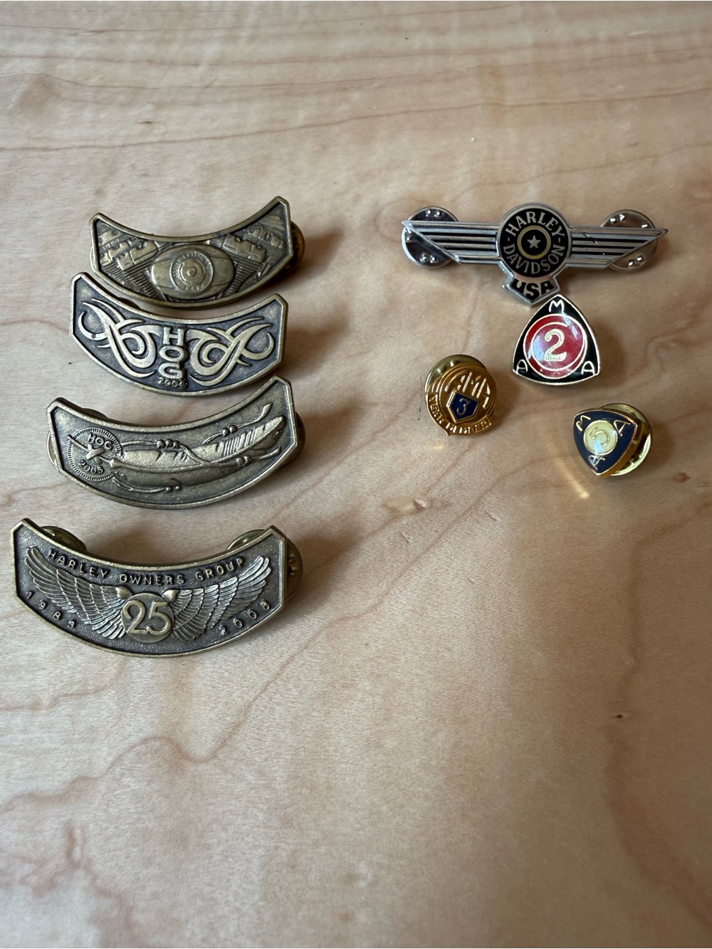 Vintage Motorcycle pins (8) 5 Harley Davidson and 3 American Motorcycle Assn.